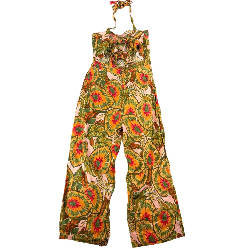 Tropical Floral Halter Wide Leg Jumpsuit Tropical Resort Boho Summer Vacation - Picture 3 of 10
